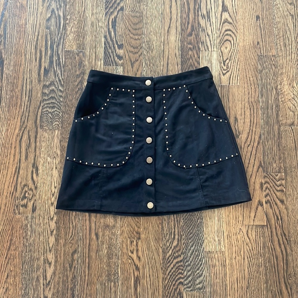 Black suede mini skirt with brass studs & snaps, size Medium
